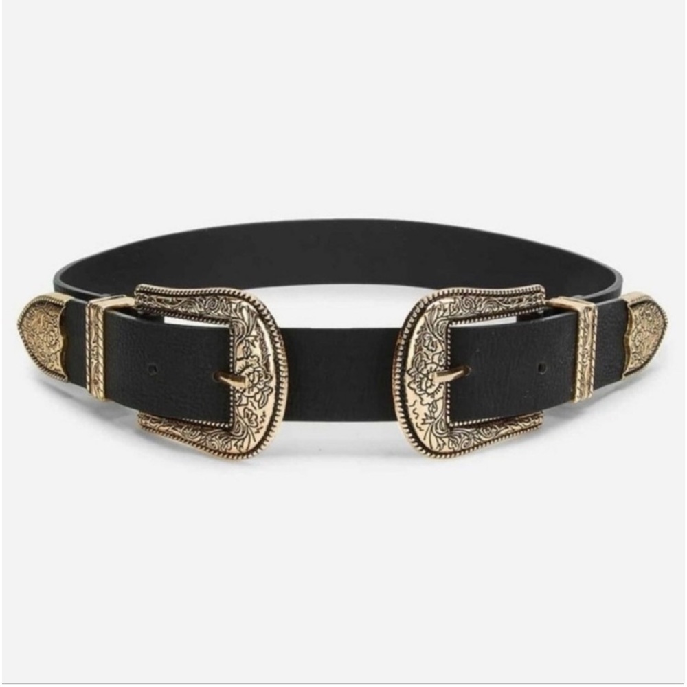 Double buckle belt western boho black gold